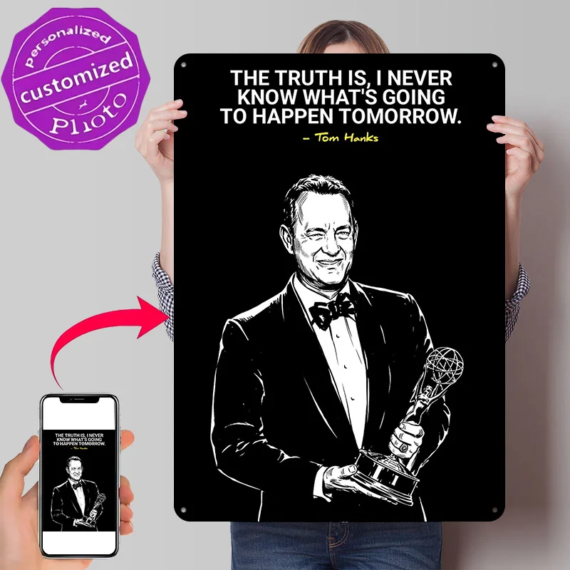 Tom Hanks With Emmy Award Personalized 3D Textured Metal Poster Wall Art Tinplate Sign for Luxury Decoration Home Decor Items