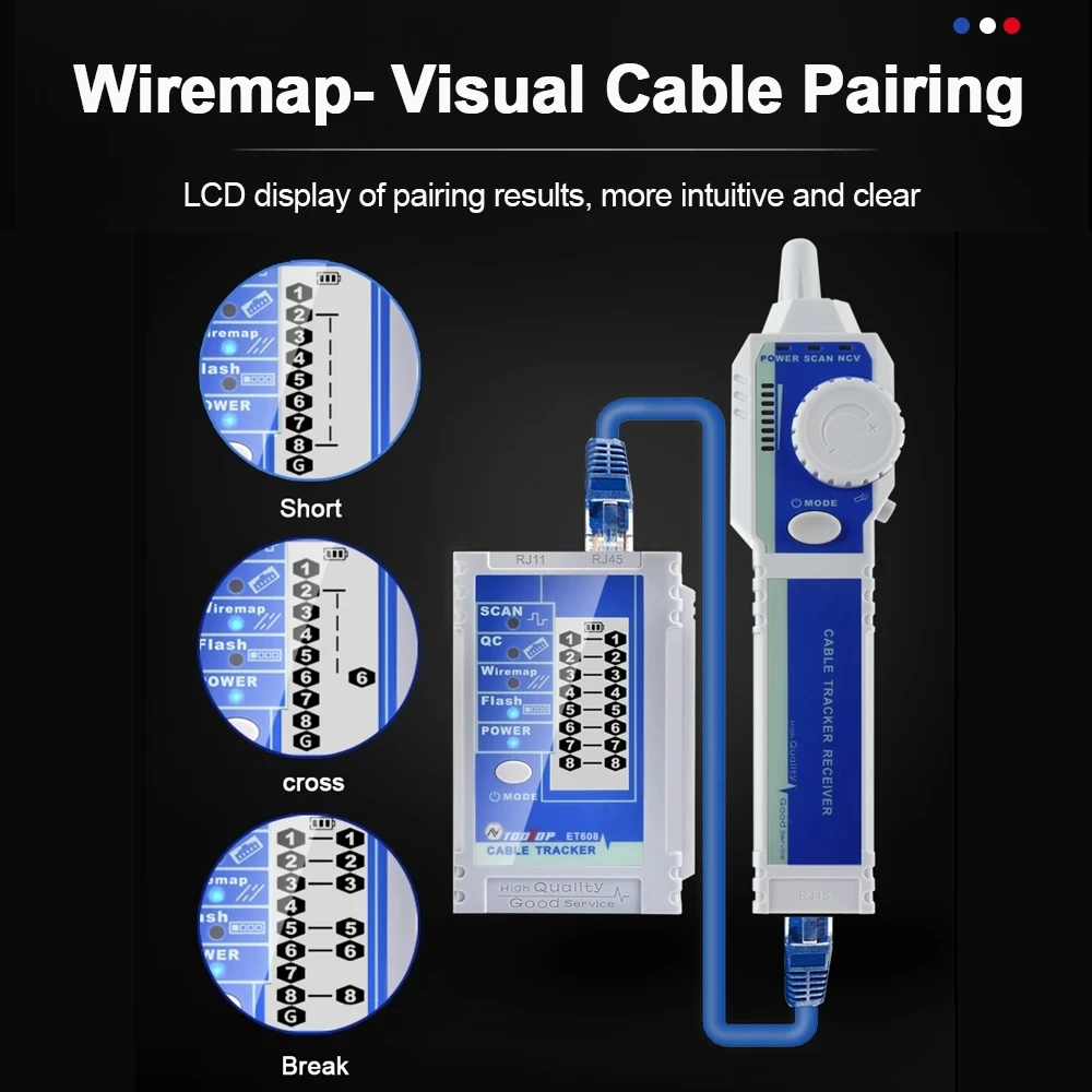 TOOLTOP ET608 LCD Tracer sieciowy RJ45 RJ11 Test zaciskania linii Tester kabla LAN 60V wytrzymuje narzędzia do naprawy sieci