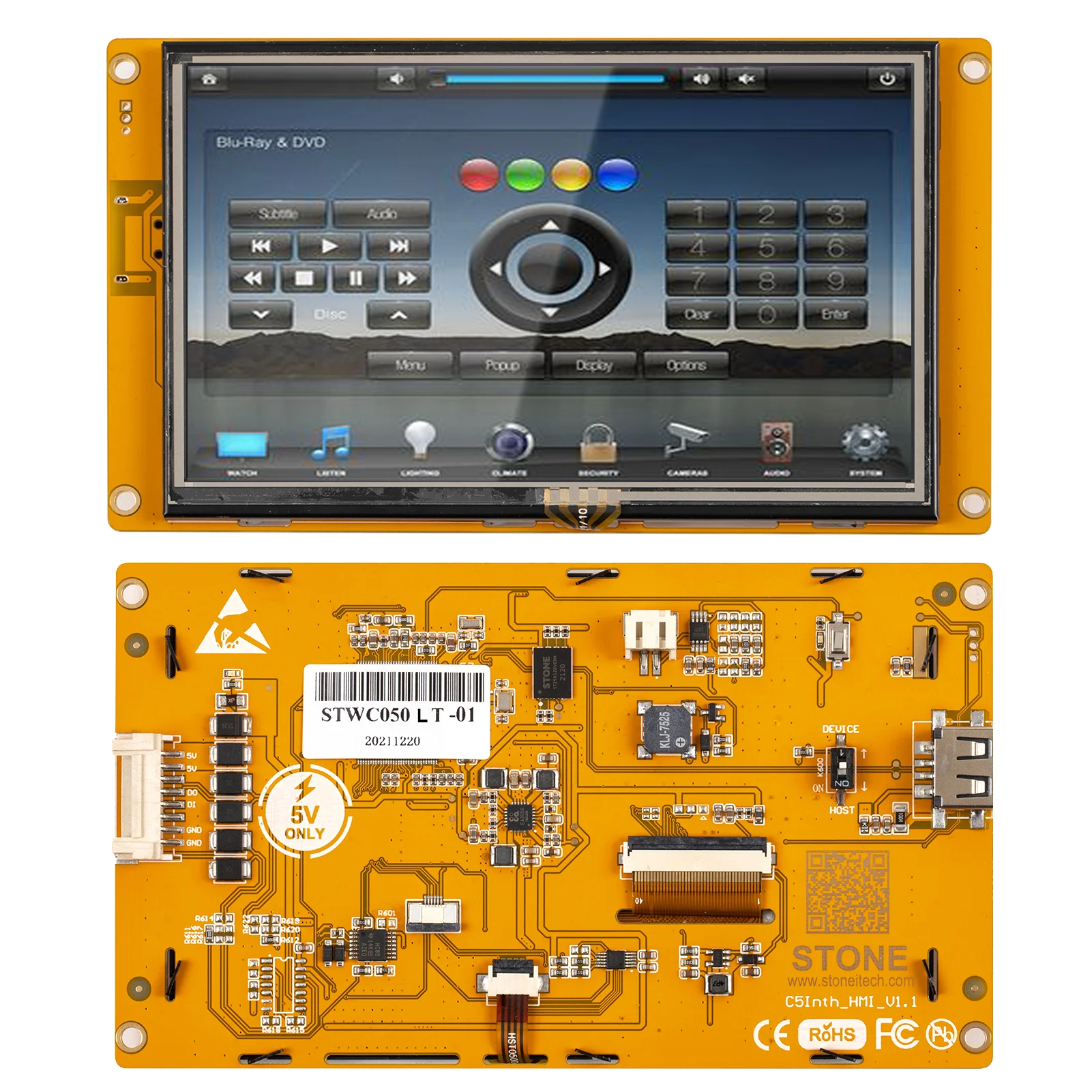 SCBRHMI C Series 5” Resistive Smart HMI TFT LCD Display Module with 4 Wire Resistance Touch