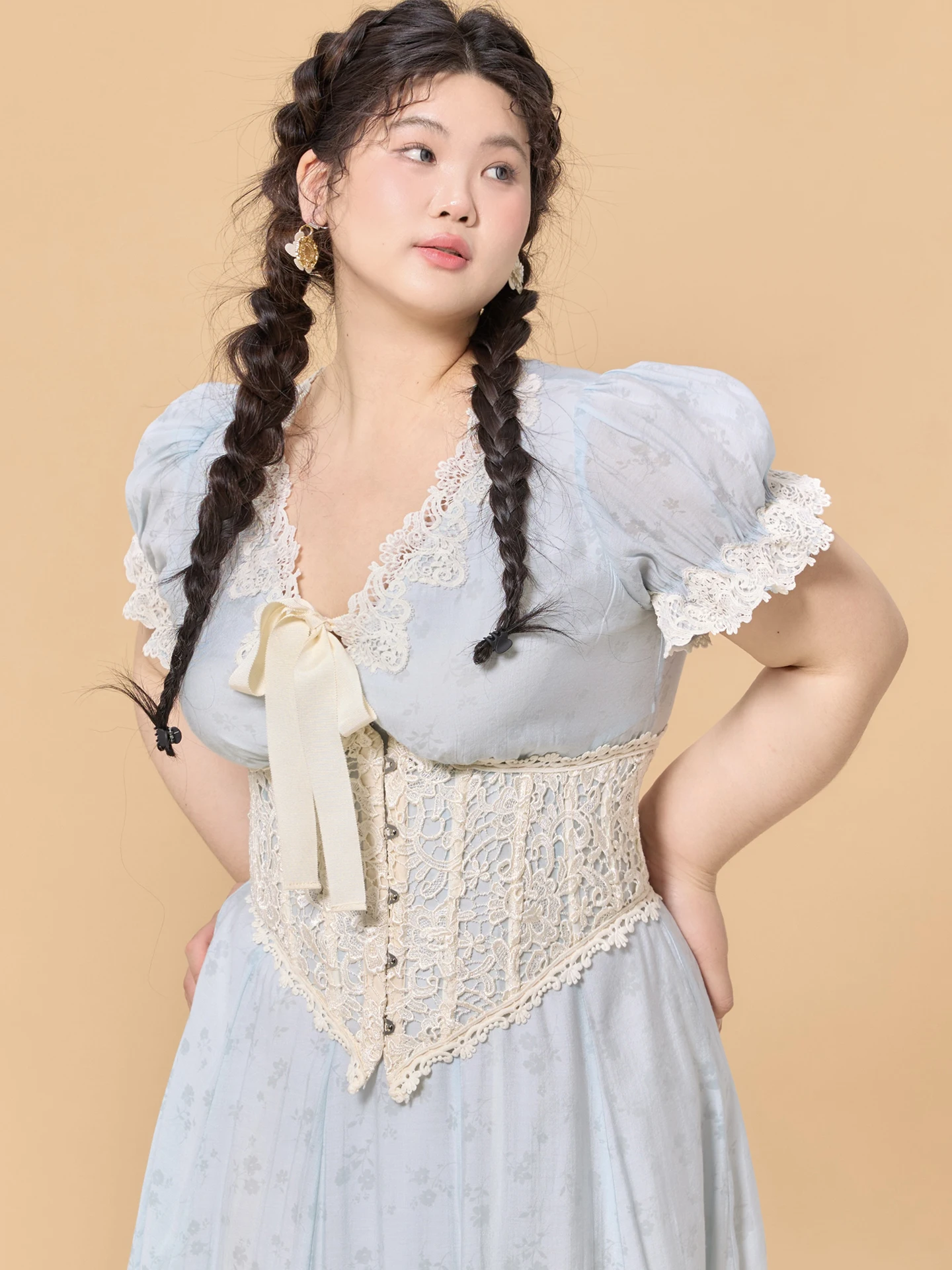 

Large Size Women's Summer Long Dress Countryside Baby Blue Commute Dress with Bralette Lace Splicing A-Line Skirt V-Neck Shor...