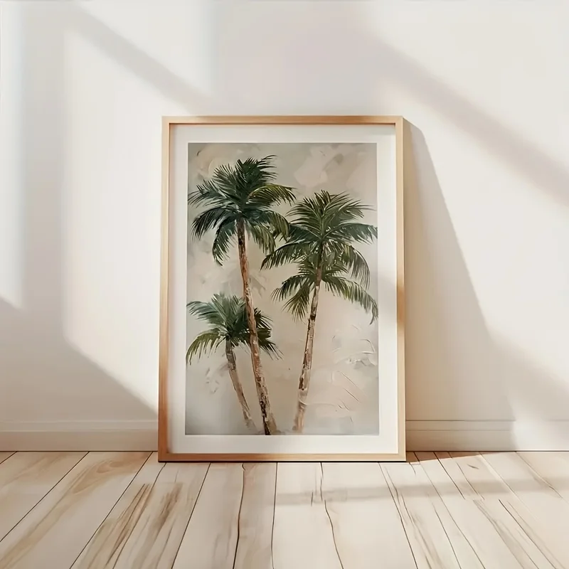 1pc Frameless Canvas Poster - Modern Tropical Palm Tree Art, Vibrant Green & Beige Botanical Print, High-Quality Canvas Wall Dec