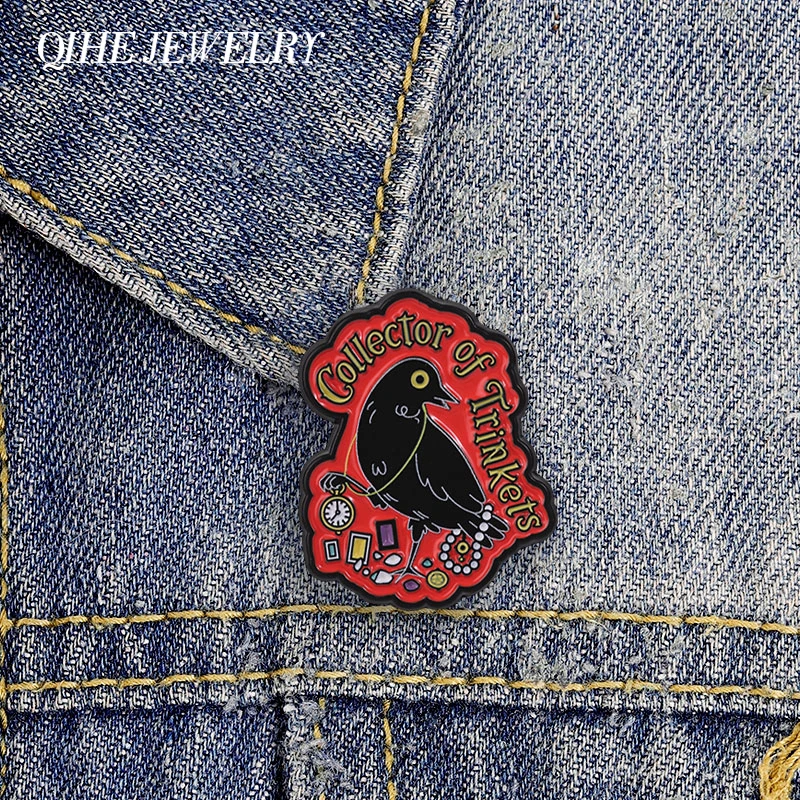 Collector Of Trinkets Crow Badge Vintage Gothic Crow Hoarding Treasures Enamel Pins Backpack Clothes Badge Jewelry Brooch Gifts