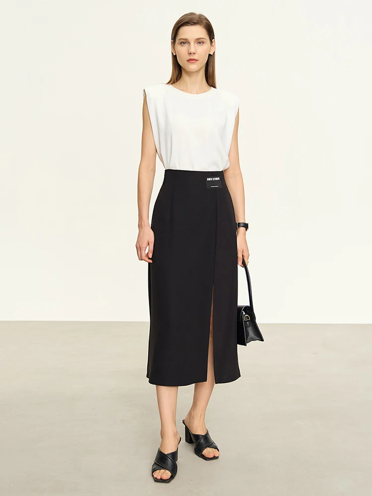 Amii Minimalism Women Straight Skirts High Open Fork Simple High Waist 2024 Autumn New Commuter Mid-length Solid Skirt 12352055