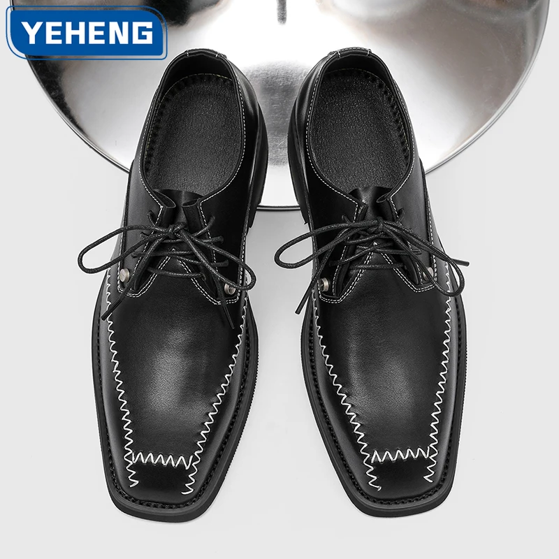 

Дизайнерские мужские кожаные туфли. Модные модельные туфли в британском стиле. Деловые оксфорды. Туфли дерби с квадратным носком. Высококачественная обувь для недели моды.