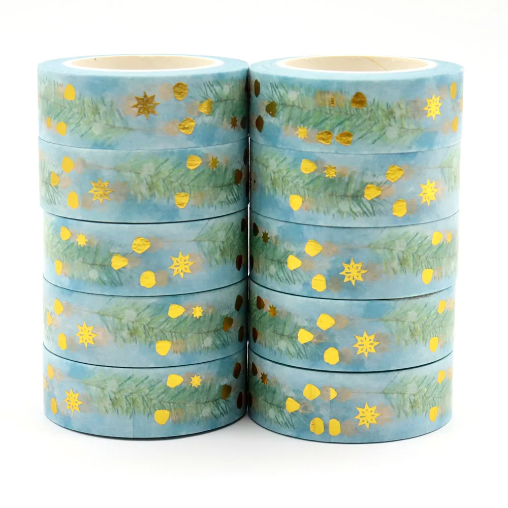 NEW 10pcs/Lot 15mm*10m Gold Foil Christmas Leaves Golden Needle Decorative Washi Tape Scrapbooking Masking Tape Office Supply