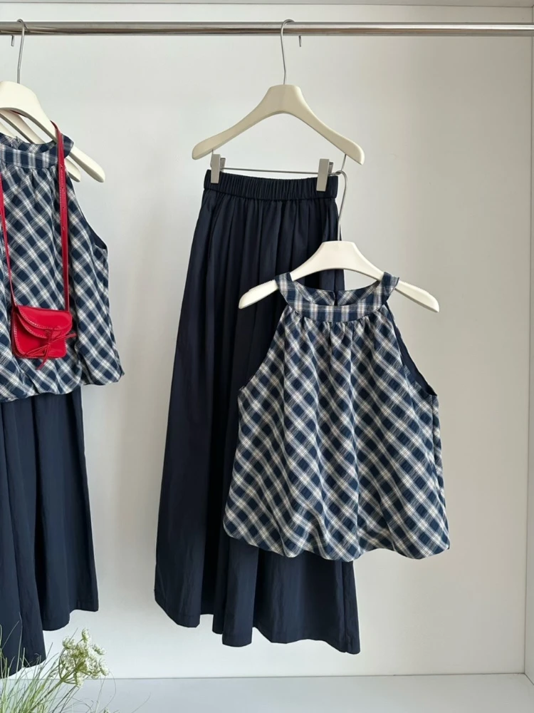 Fresco elegante casual 2 peça conjunto feminino azul xadrez sem mangas cami topo + branco solto calças de perna larga verão doce moda outfit