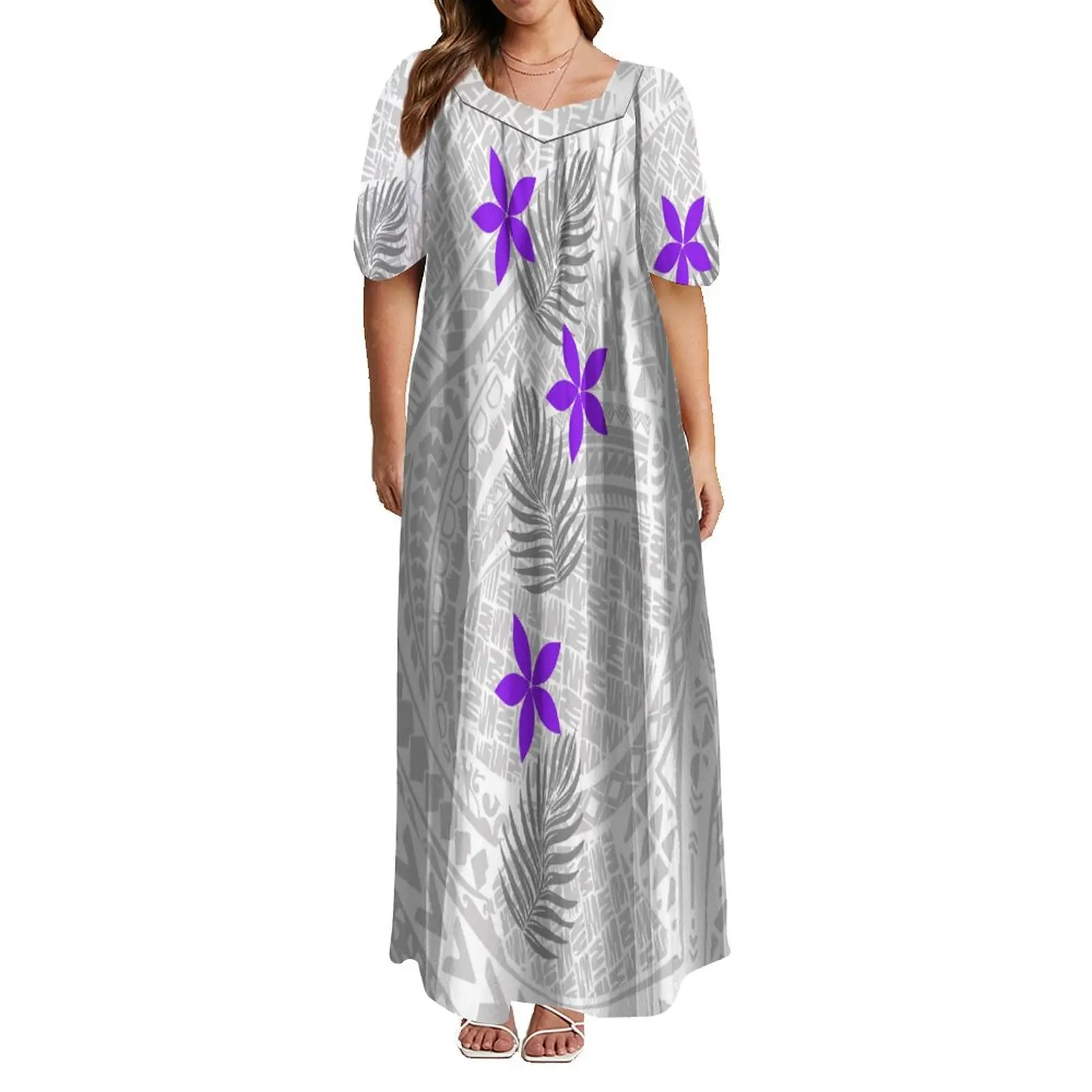 Polynesian Tribe Sublimated Printed Sweetheart Collar Short Sleeve Maxi Dress For Women Personality Mumu Dress