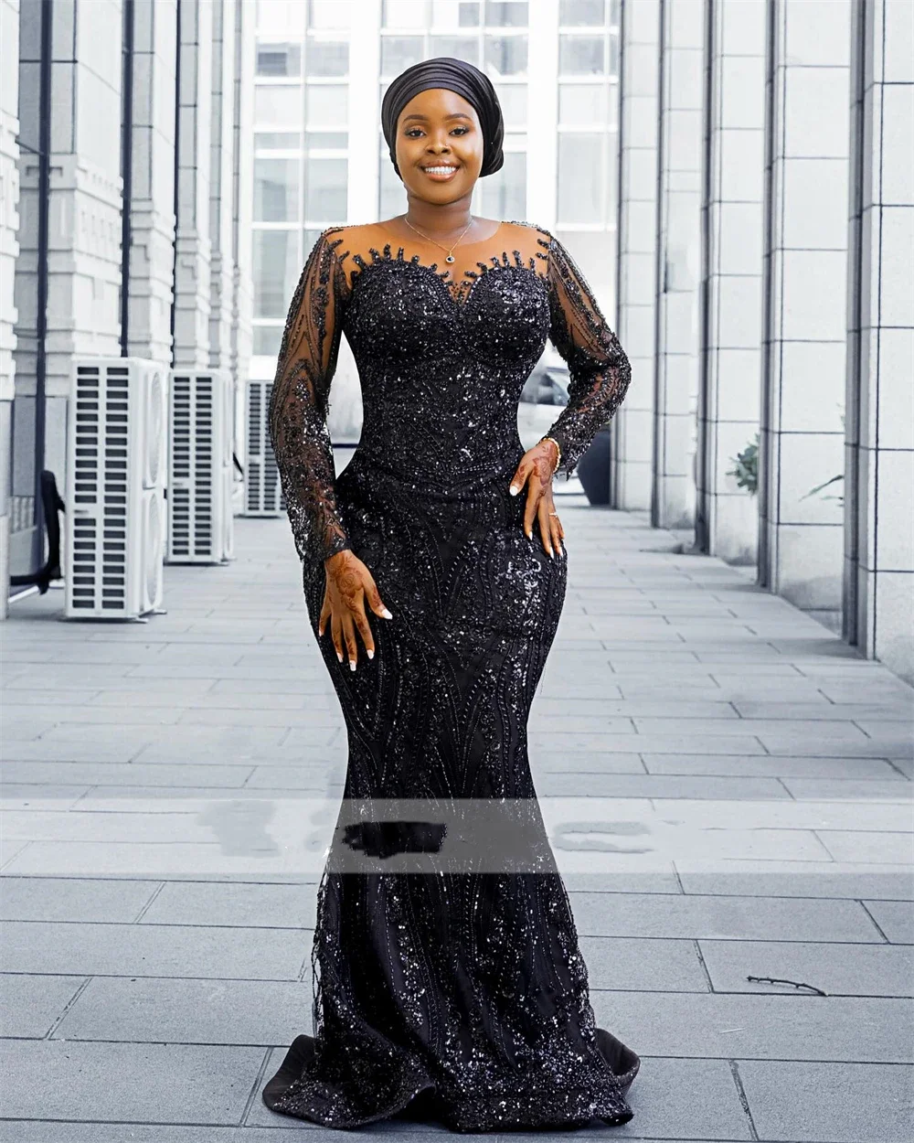 

Customized Sexy Black Mermaid Evening Dresses Beaded Lace Long Sleeves Elegant Party Dress Woman African Prom robes de soirée