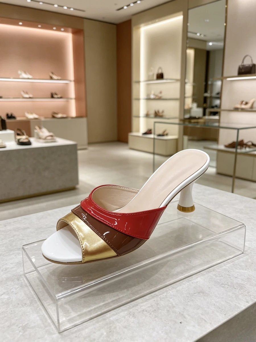 Red Brown Gold Three Tone Patent Leather Square Open Toe Kitten Heel Mules, Elegant Daily Evening Slide Sandals Mature Ladies