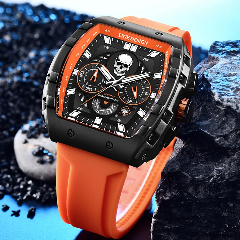 LIGE Fashion Skull Watch For Men Top Brand Luxury Men Watch Sport Waterproof Chronograph Quartz Wristwatches Relogios Masculino