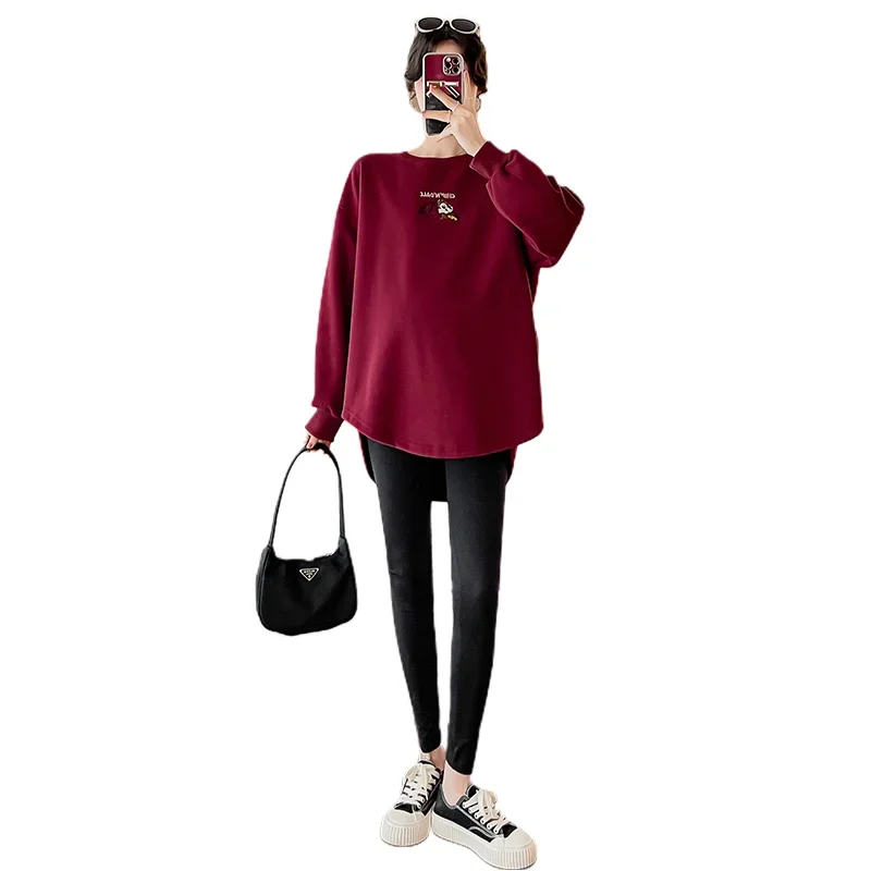 2024 Autumn Maternity Hoodies Fashion Embroidery Long Loose Irregular Pregnant Woman Sweatshirt Plus Size Pregnancy Pullover Top