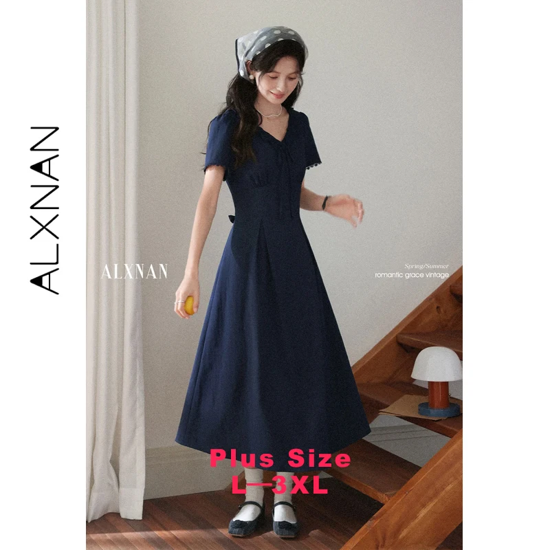 

ALXNAN Plus Size Women Long Dress Navy Blue V-neck A-line Elegant Short Sleeve Dress 2026 Summer Casual Female Clothing D11827