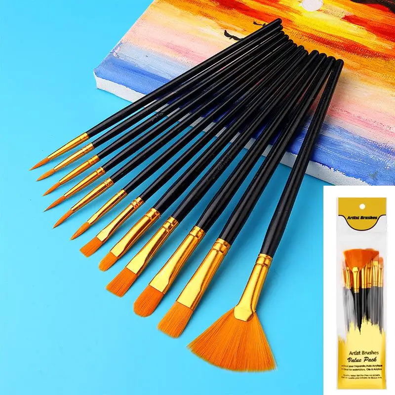12Pcs Nylon Bristle Brush Set Flat Brushes Watercolor Oil Paint For Artists Amateur And Acrylic Paintings Fabric Brushes.
