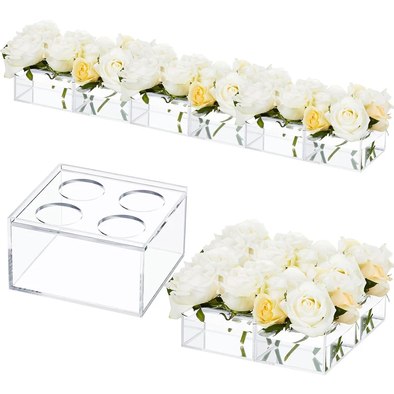 

Rectangular Floral Centerpiece For Dining Table Home Wedding Modern Acrylic Flower Box Decorative Clear Low Floral Vases