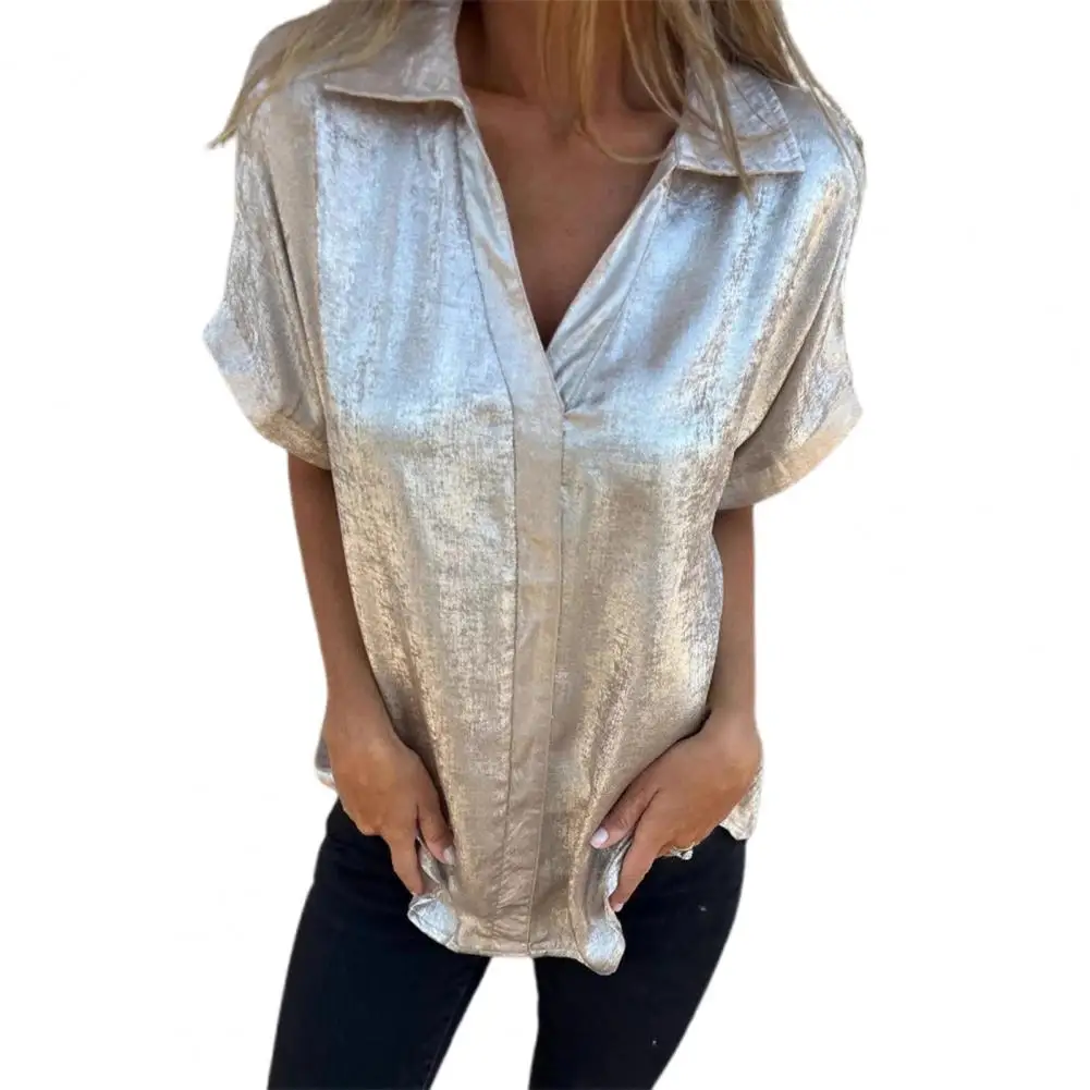 

Women Shirt Bronzed V-neck Blouse for Chic Loose Top with Turn-down Collar Short for Clubwear