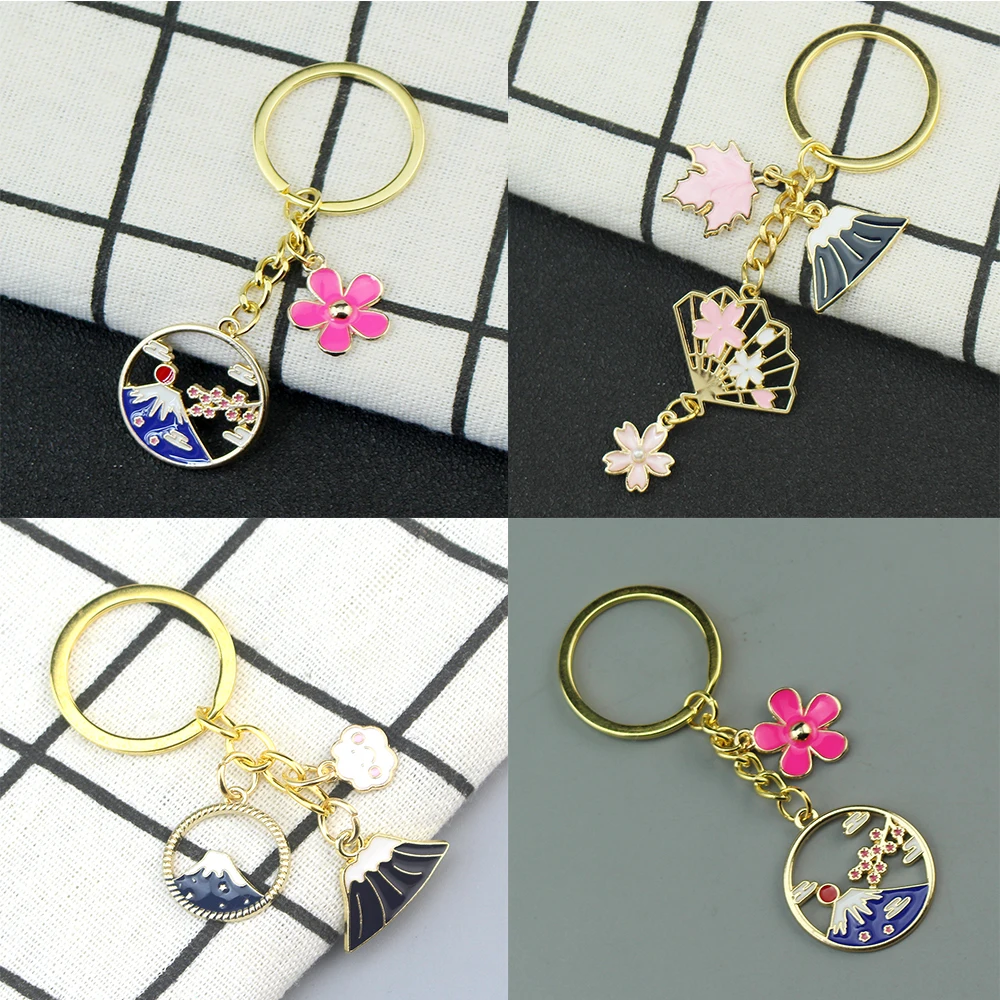 Japan Fuji Berg Sakura Schlüsselanhänger Blume Wolken Emaille Schlüsselanhänger Souvenir Geschenke für Frauen Männer DIY handgemachten Schmuck