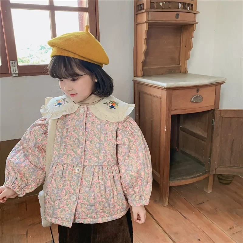 

Winter cute girls warm embroidery collar floral padded Coats 1-6 years kids thicken warm casual turn-down collar Jackets