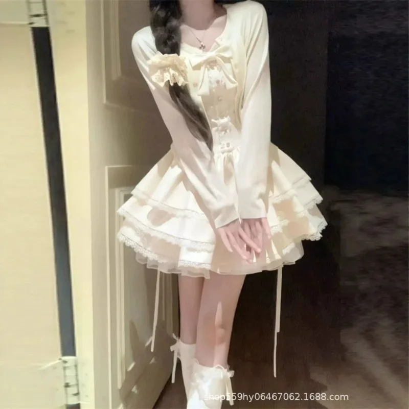 Small People Wear Summer Pure Desire High Sense Suspender Cake Dress Apricot Cardigan Sunscreen Two-piece Set Exquisite Simple