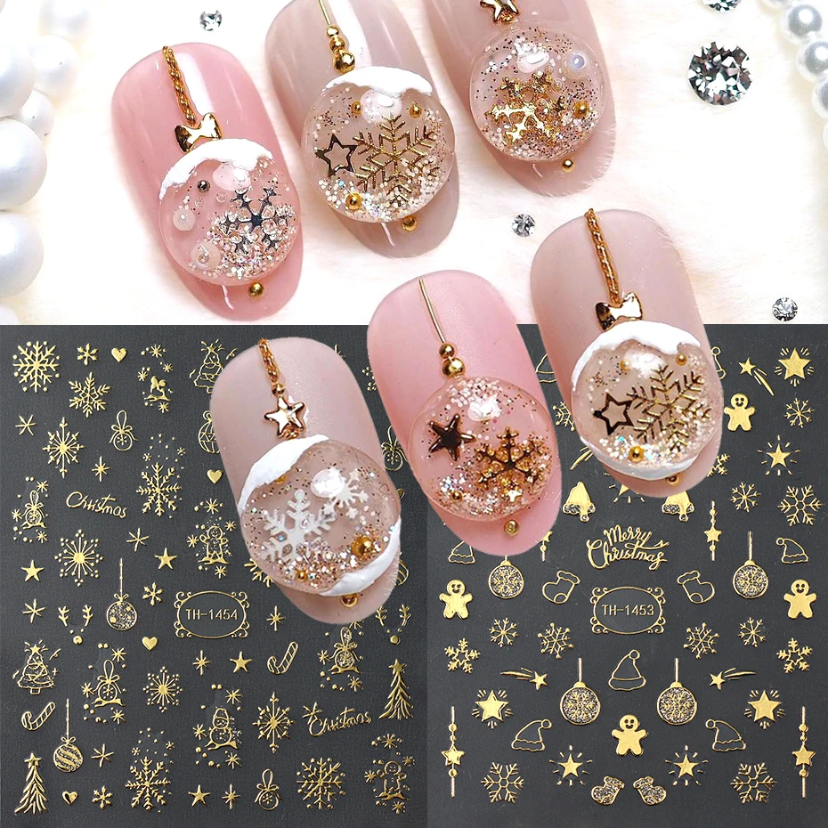 2 uds. De pegatinas doradas de dibujos animados para decoración de uñas, calcomanía de copo de nieve, globo de nieve, bastón de caramelo, muñeco de nieve, corazón, estrella, deslizadores de uñas, decoraciones