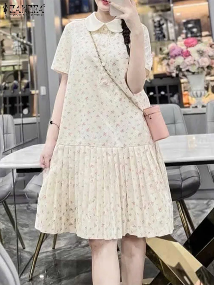 

Summer Sundress ZANZEA Women Print Bohemian Dress 2025 Fashion Short Puff Sleeve Waisted Pleated Vintage Casual Knee-Length Robe