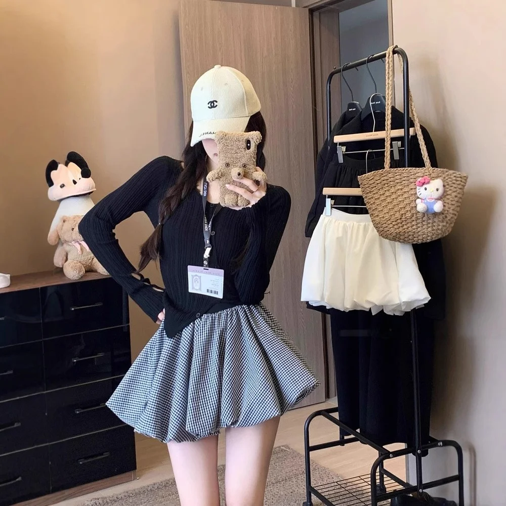 Korean Pure Desire Black Plaid Bloomer Skirt Women's Summer  A-Line  Slimming Half-length Skirt Sweet Style Puffy Sho...