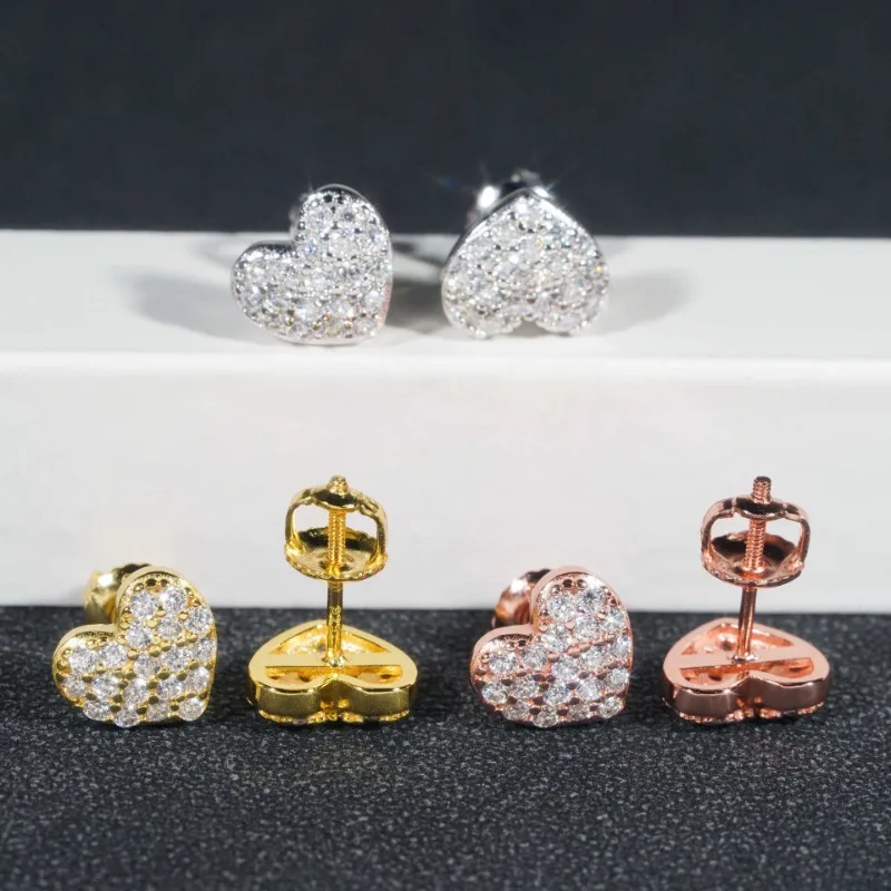925 Silver D Color VVS1 Moissanite Heart Earrings Screwback Women Men Hiphop Iced Diamond Love Stud Earrings Pass Tester Gra
