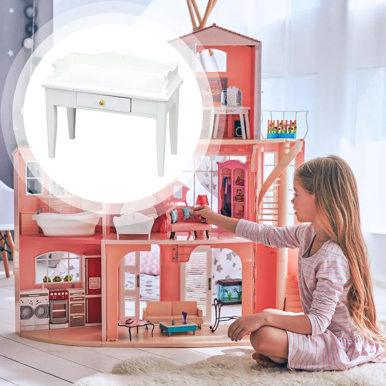 1/12 ตุ๊กตาโต๊ะโต๊ะไม้ลิ้นชักมินิตกแต่งไม้ Miniature เฟอร์นิเจอร์สําหรับห้องนั่งเล่นห้องนอนตุ๊กตา