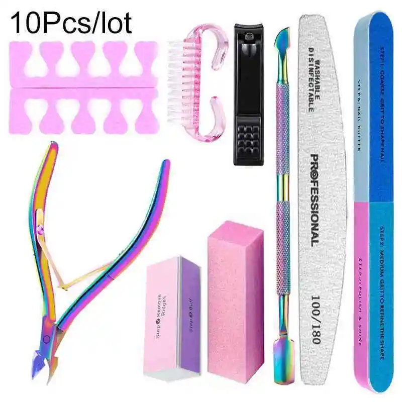 10Pcs Nail Set Art Sand Files Buffer Sponge Block Brush Nail Scissors Kit With Cuticle Nipper Manicure Set UV Gel Polish Tools