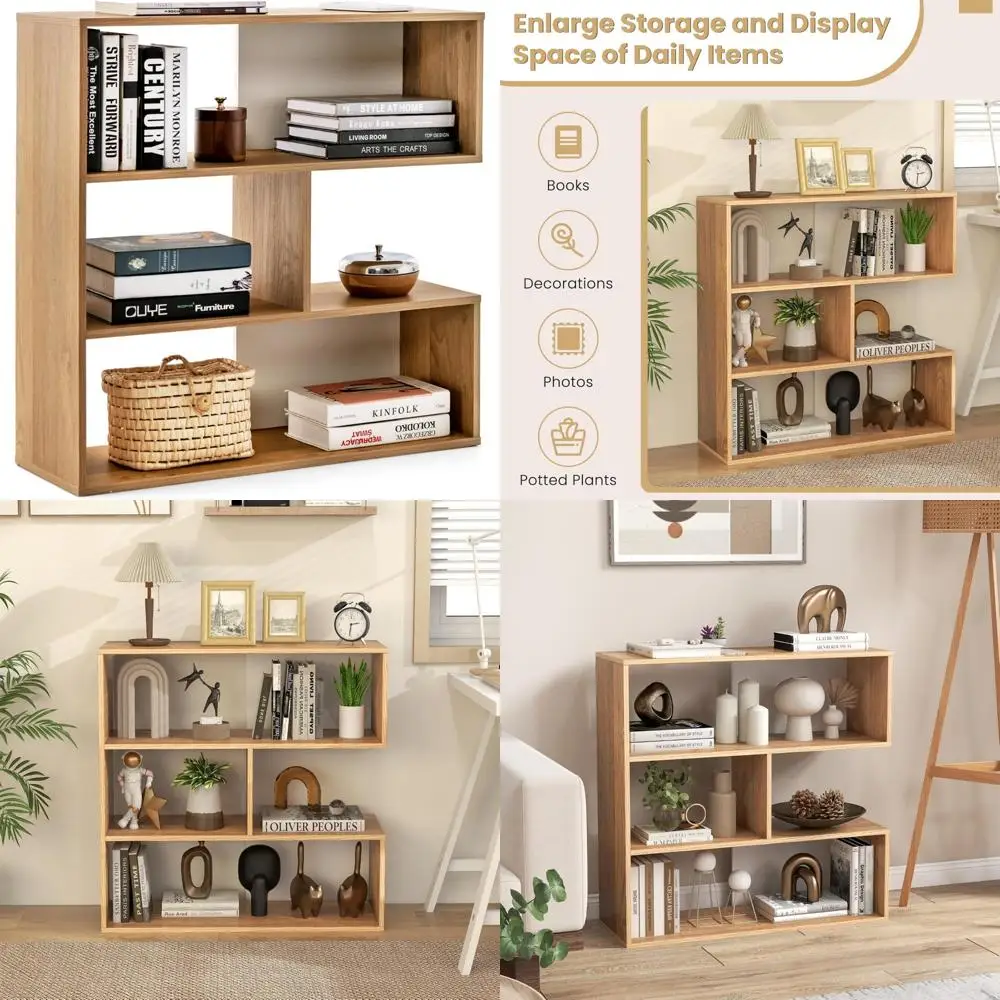 

3-уровневая книжная полка Giantex, деревянный вогнутый книжный шкаф для небольшого пространства, современные отдельно стоящие полки для хранения, маленькая книжная полка