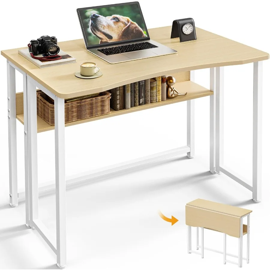 

Folding Desk with Storage Shelf 31.5 Inch Foldable Computer Table for Small Spaces Space Saving Sofa Table for Couch Writing Wo