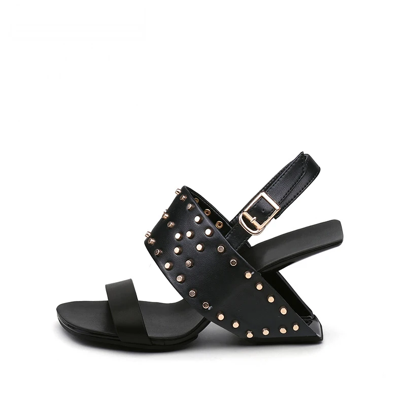 Fashion colorful rivet decoration square toe 8cm high strange heel buckle straps elegant size 34-41 lady sandals HL535 MUYISEXI