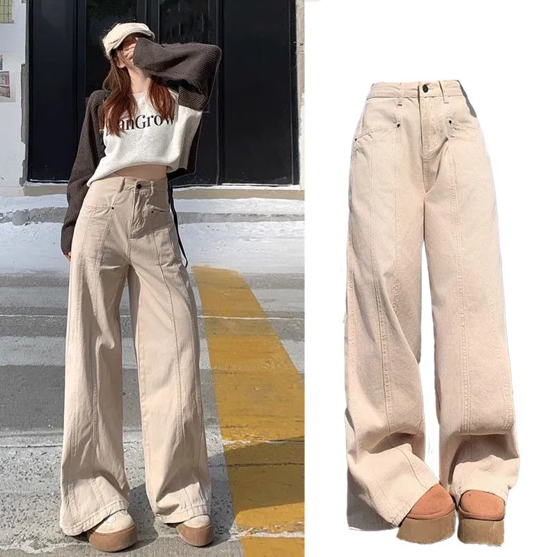 

Модные ретро-джинсы в рабочем стиле с высокой талией, прямые, свободные, струящиеся, широкие, в пол, повседневные брюки в уличном стиле