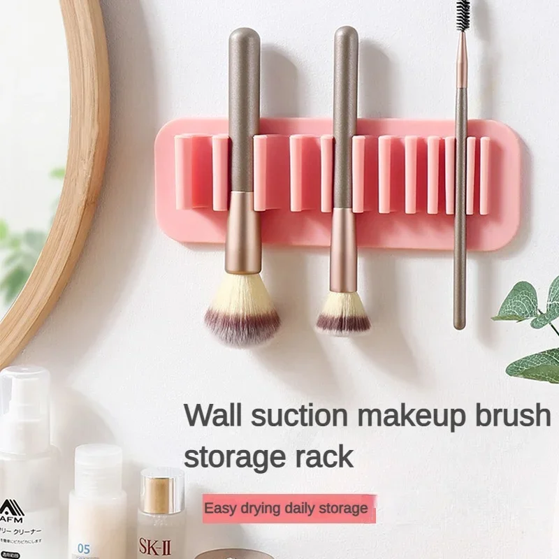 Silicone Makeup Brush Holder Wall-Mounted with Suction Silicone Air Drying Makeup Brush Rack Reusable Makeup Tool Display Stand