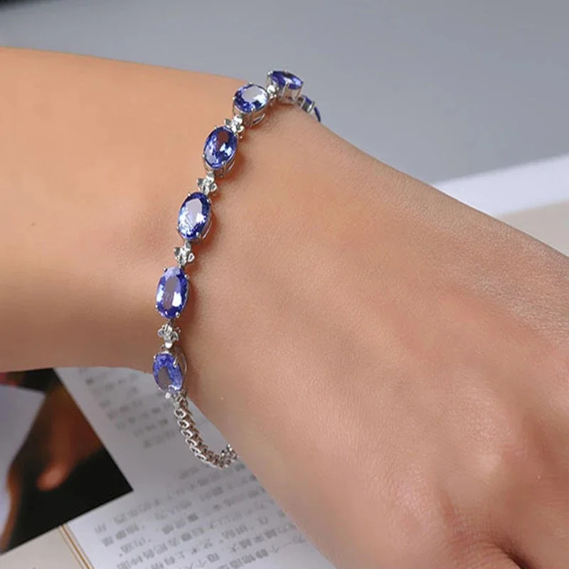 Hot Seller Oval Cut Simulated Sapphire Tennis Bracelet CZ Luxury Wedding Bridal Formal Wrist Jewelry Gift For Women