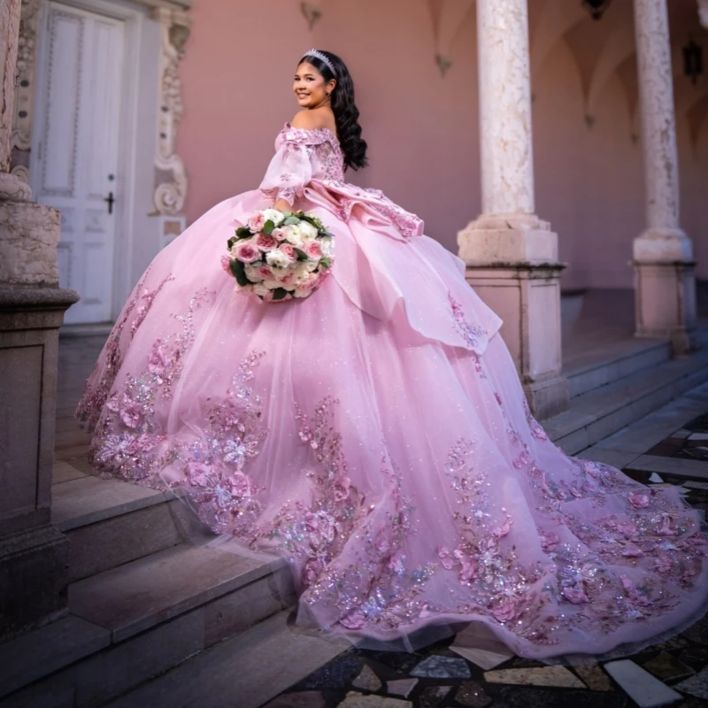 

Pink Shiny Quinceanera Dresses Applique Flower Beading Crystal Bow Corset Tull Princess Off The Shoulder Sweet 16 Dress Vestidos