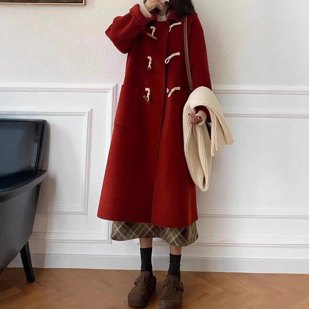 2025 New Autumn Winter Women Coat Solid Color Woolen Horn Button Coat Full Sleeve Regular Coat Christmas Festival Party Costume