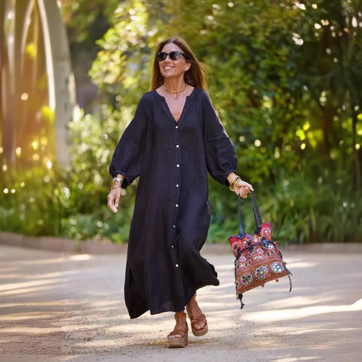 2025 falda larga de primavera para mujer, vestido camisero informal con manga acampanada blanca de Color sólido, vestido informal de moda para mujer, vestido elegante suelto