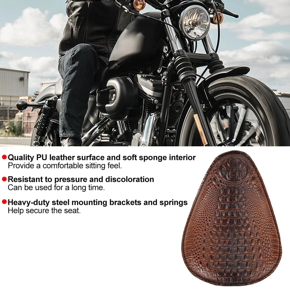 Motorcycle Retro Solo Seat Cushion With Spring Mount Bracket, Crocodile Texture Brown Leather Saddle Seat For Honda Motorcycles,