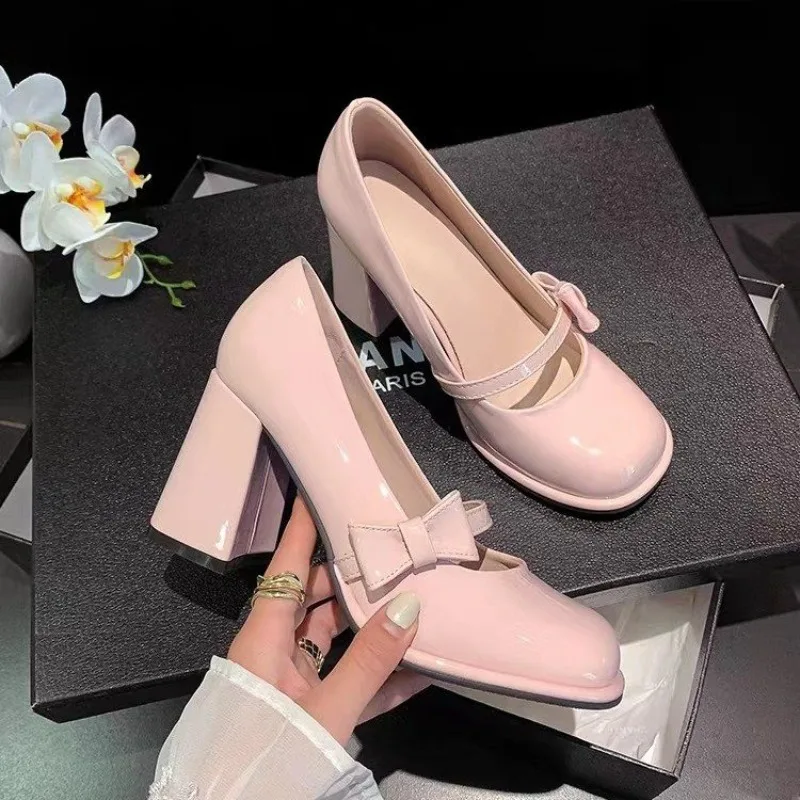 

New Pink Pointed-toe High-heeled Shoes Women's 2026 Spring Sweet and Fashionable Bow-shaped Open-toe Thick-soled Mary Jane Shoes