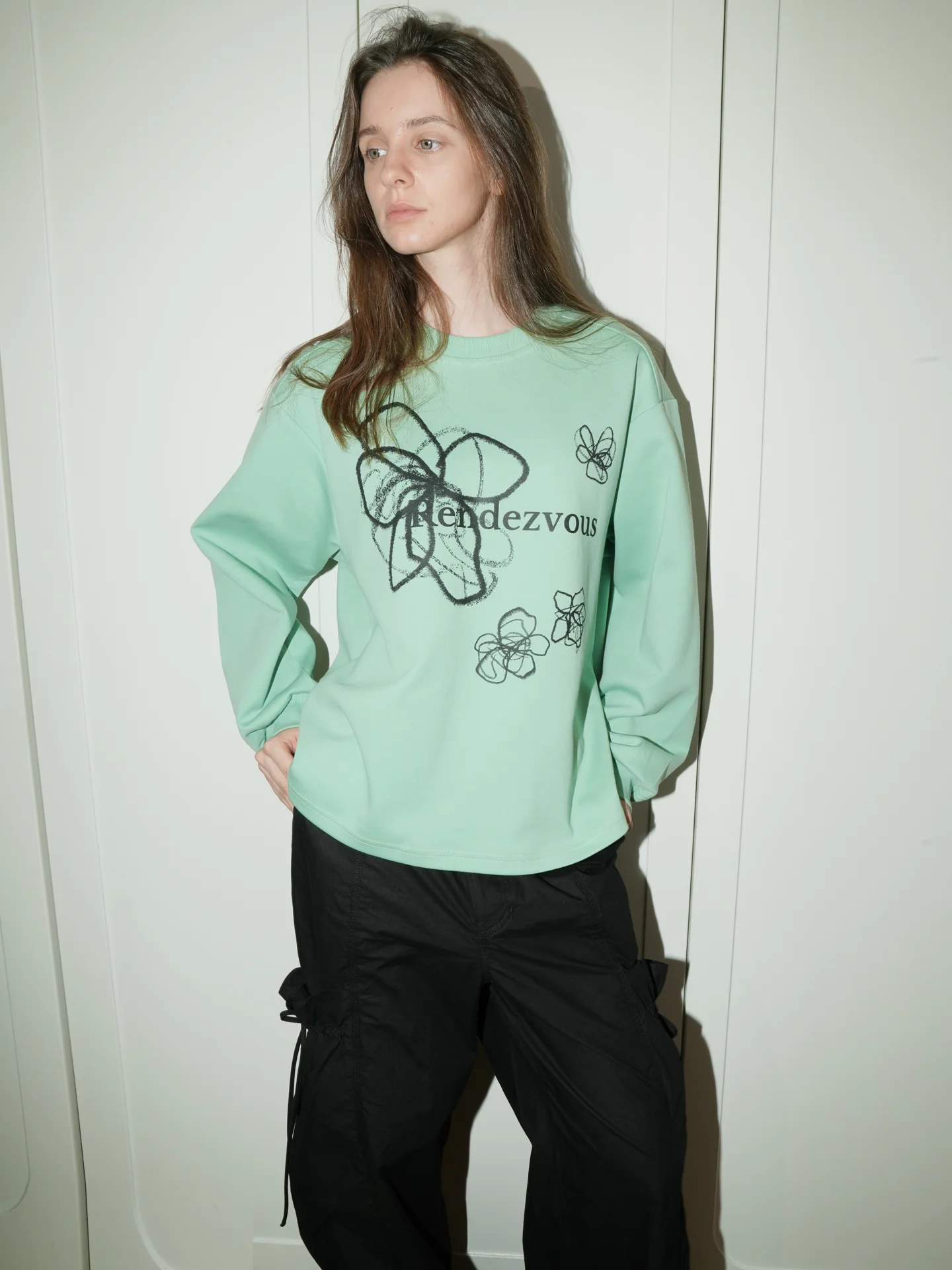 Loose Fit round Neck Long Sleeve Sweatshirt UNNNSAD Original Hand-Drawn Floral Print Double Cotton 350g Casual Comfortable Top