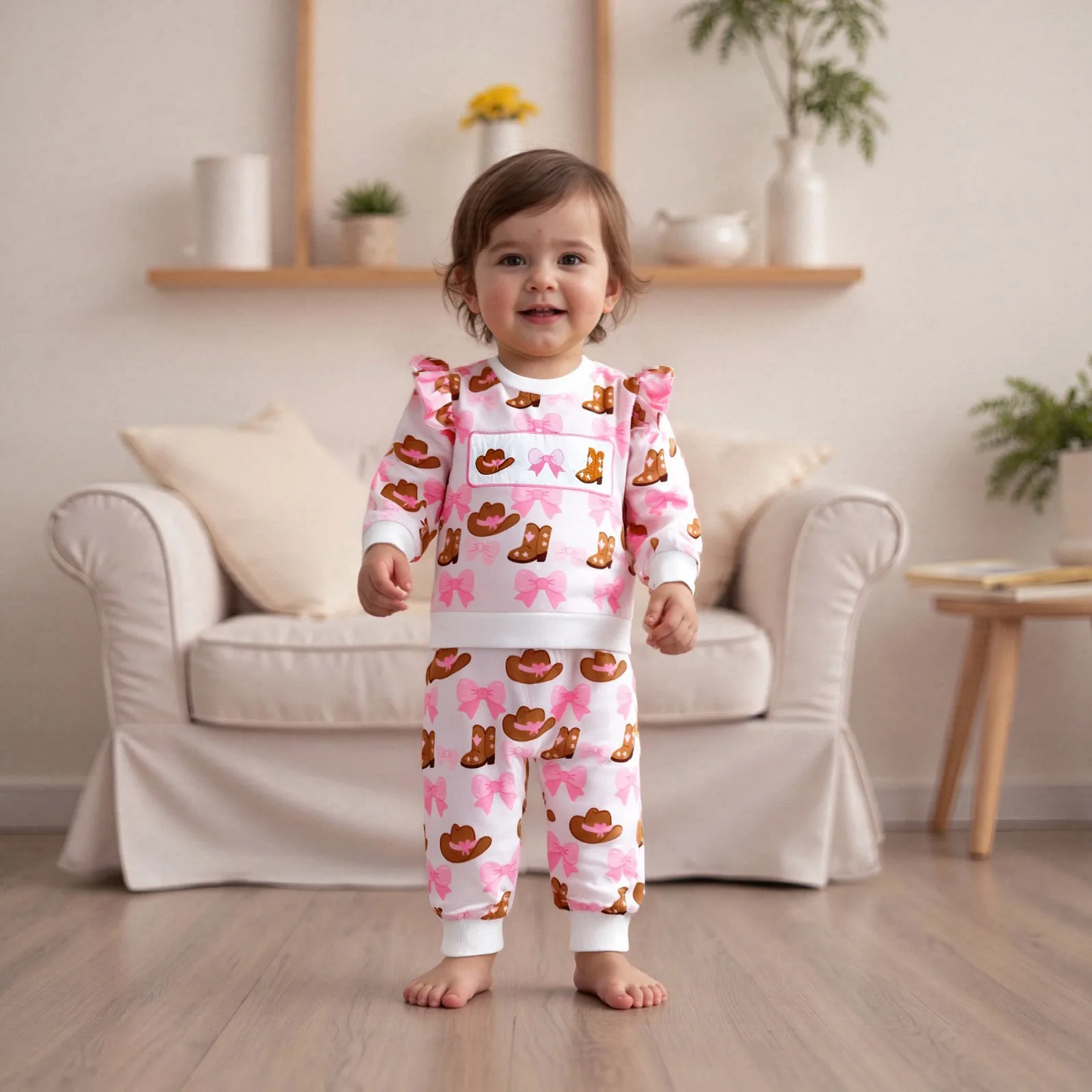 FOCUSNORM 0-3Y جميل طفل الفتيات الخريف الملابس الغربية مجموعات التمهيد البقرة قبعة طباعة طويلة الأكمام البلوز البلوز مرونة الخصر بانت