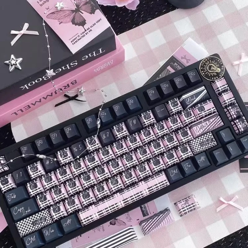 MiFuny Pink Check Theme Keycap Set PBT Dye Sublimation Cherry Profile Keycaps Custom Key Caps for Mechanical Keyboard Game Gifts