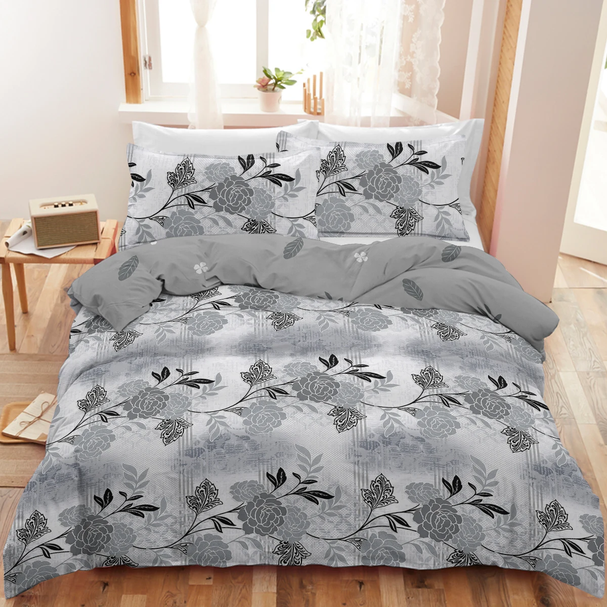 

BeddingOutlet Grey Floral Duvet Cover Black Floral Bedding with Hidden Zipper Closure Vintage Garden Flowers With Leaf Bedding