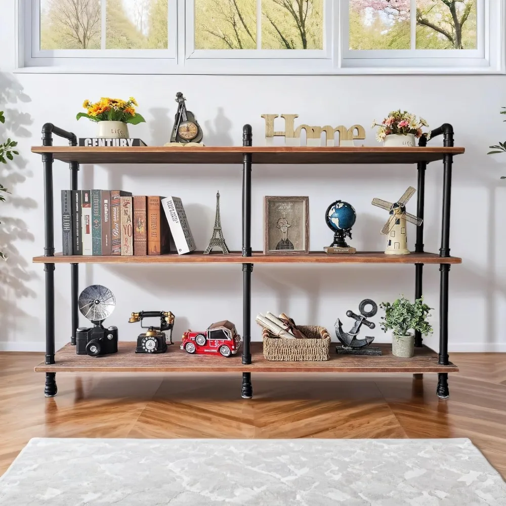 3 Tier Industrial Long Bookshelf, Entryway Industrial Metal Bookcase (Weathered Brown, 60