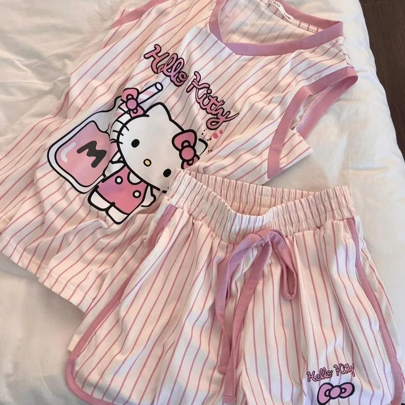 

Women's Pink Kawaii Hello Kitty Sleeveless Pajama Set Summer Cartoon Anime Print Vest Shorts Striped Home Wear Fashion