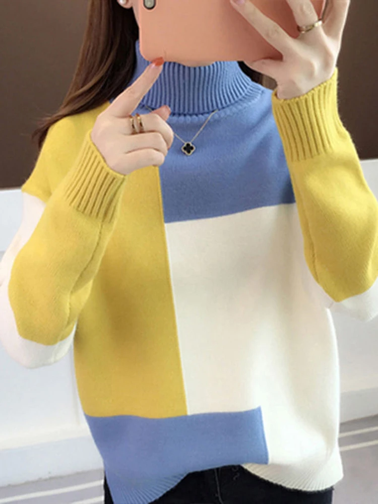 JMPRS Patchwork Women Pullover Sweater Autumn Loose O Neck Long Sleeve Knitted Thick Korean Fashion Female Jumper Sweater Top