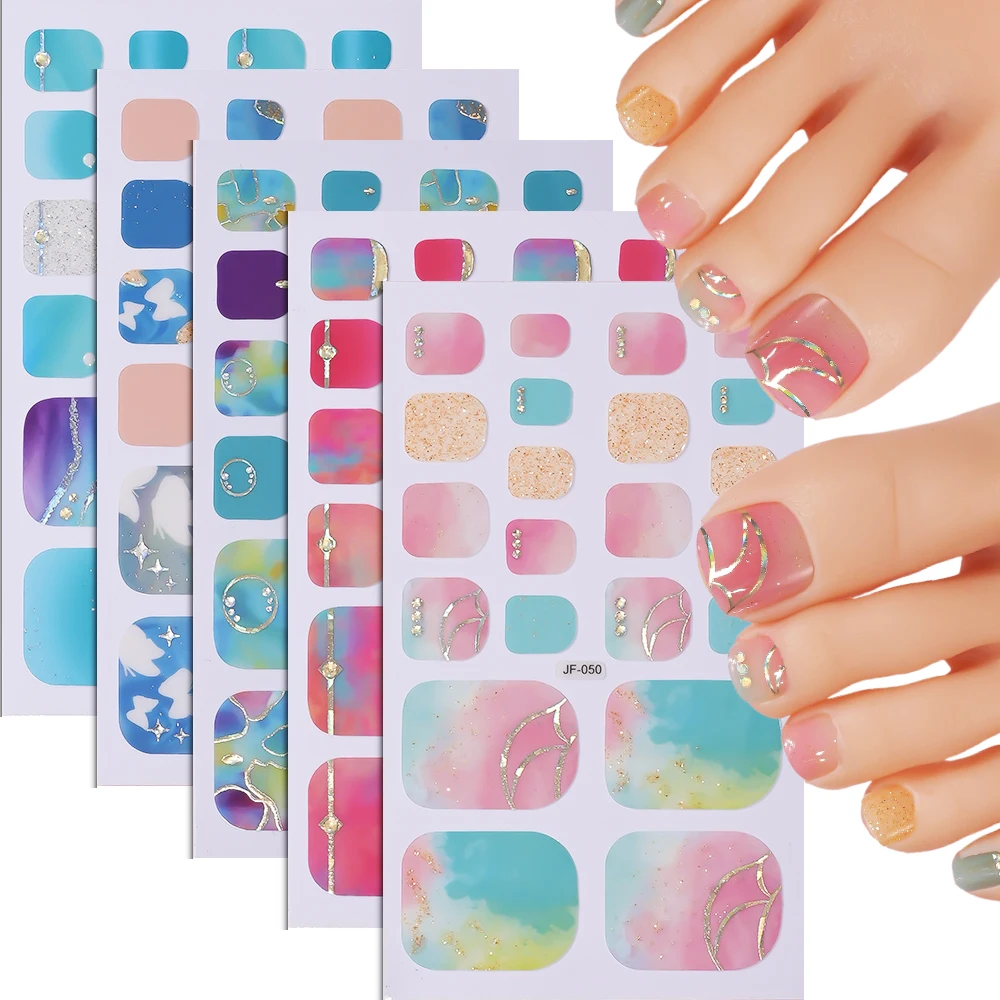 5Pcs(110Tips) Butterfly Printed Toe Nail Stickers Self Adhesive Glitter Decals Full ToeNail Wraps Toenail Polish Stickers Strips