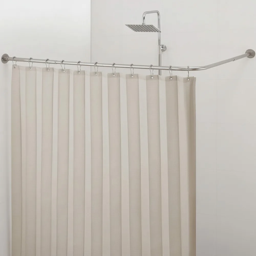 

Adjustable L-Shaped Corner Shower Rod 24-53 Inch No Sag Brushed Nickel with Hooks & Ceiling Support