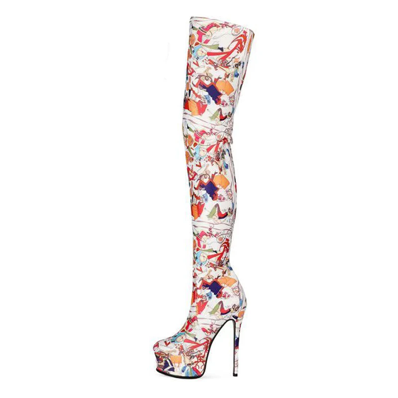 Arden Furtado 2024 Printed leather Over The Knee High Boots Round toe Platform Side zipper Super high heel Modern boots