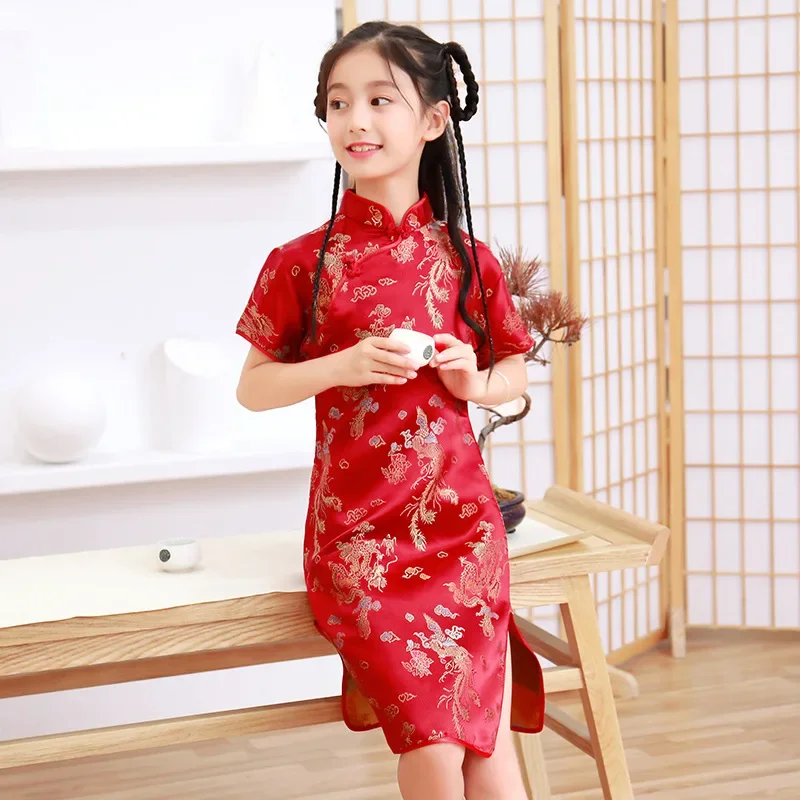 

Summer Children Cheongsam Dragon Phoenix Embroidery Qipao Princess Dress Chinese Style Dresses New Year Qipao Gift Tang Clothes